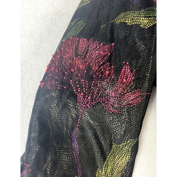 Chicos Jacket Asian inspired Women's Sz 2 Black Floral Long Sleeves‎ Beaded Silk - Picture 5 of 13